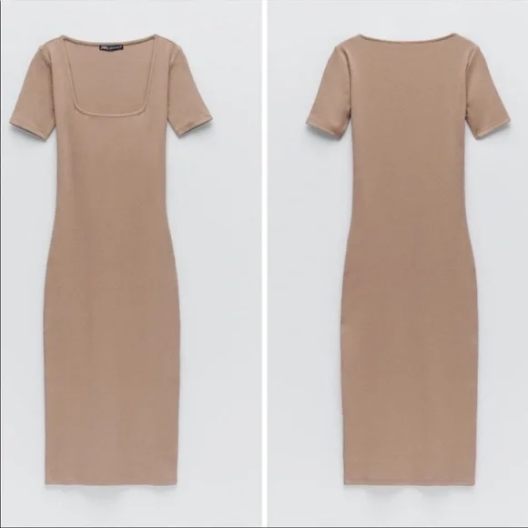 Zara Ribbed Square Neck Bodycon Midi Dress NWT - Picture 2 of 7